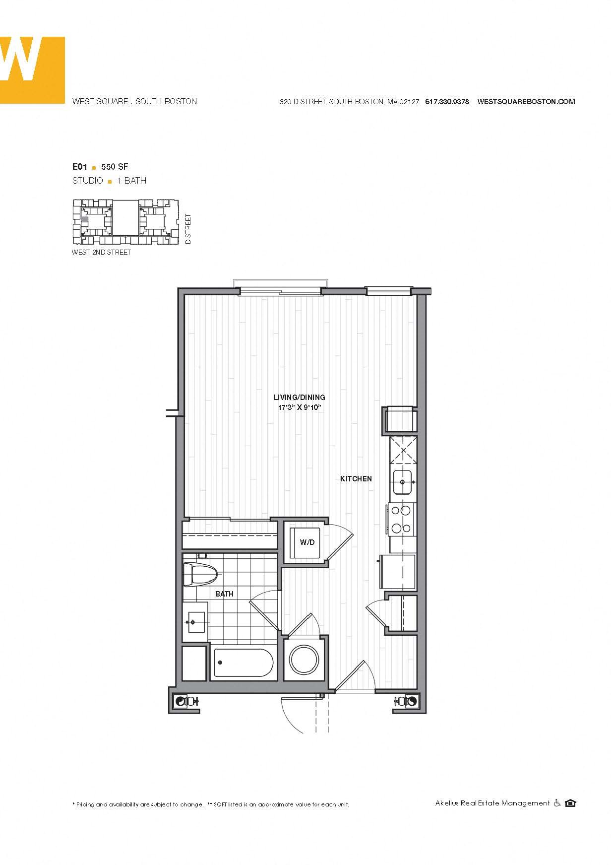 Studio 550 sq ft